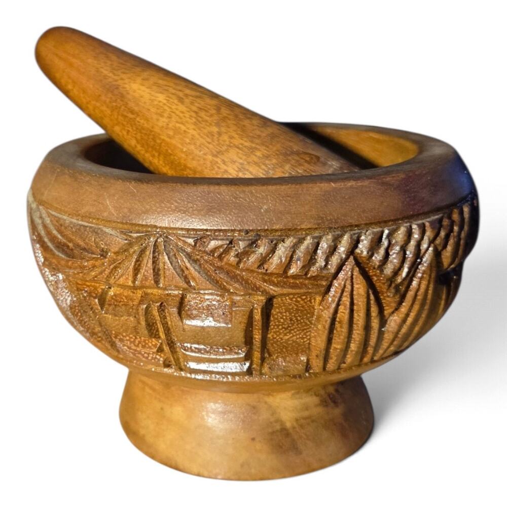 Vintage Philippines Hand Carved Wood Mortar Pestle La Salette Mission Folk Art